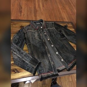 Black jean jacket w/ fringe and embroidery detail